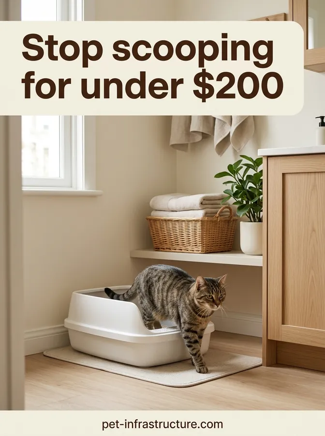 Tabby cat stepping out of a white low litter box in a bright laundry room corner.