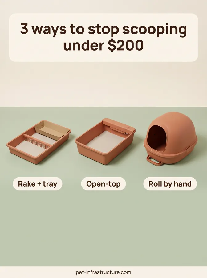 Three budget litter boxes side by side: a rake box with a disposable tray, an open-top automatic box and a dome box you roll by hand.