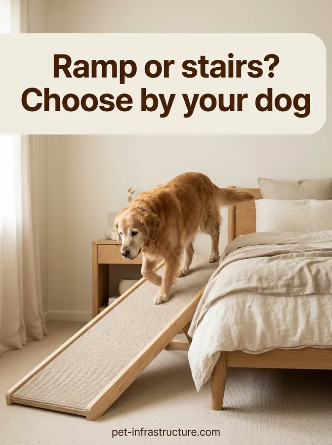 Older golden retriever walking down a carpeted dog ramp beside a bed in a bright bedroom.