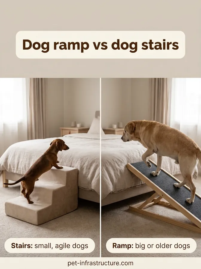 Split image of a dachshund climbing dog stairs and an older Labrador walking up a dog ramp to the same bed.