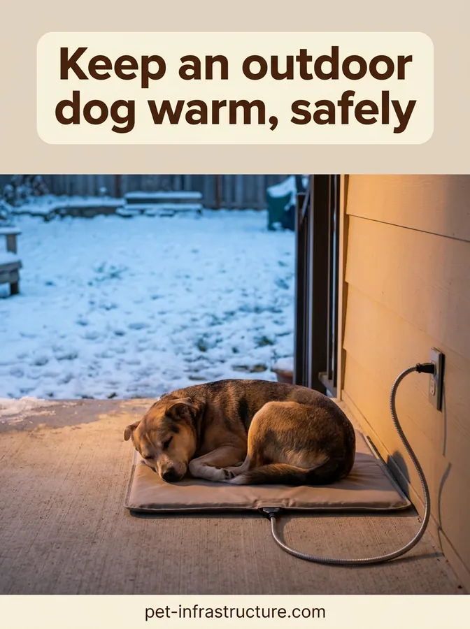 Dog curled up asleep on a heated pet pad on a covered porch, with a snowy yard in the background.