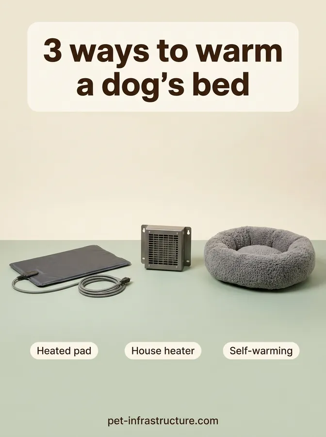 Heated pet pad with armored cord, small dog house heater and plush self-warming dog bed shown side by side.