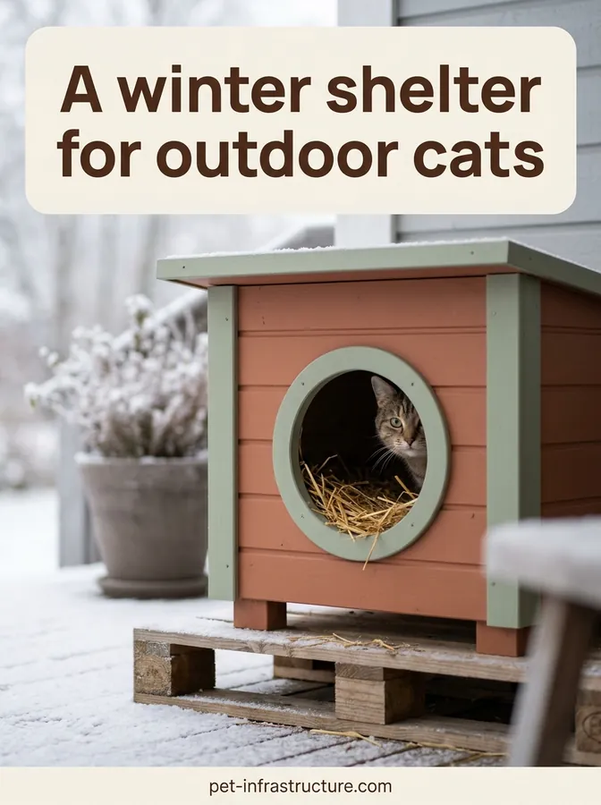 Cat peeking out of a small raised wooden cat shelter on a snowy porch, with loose straw at the entrance.