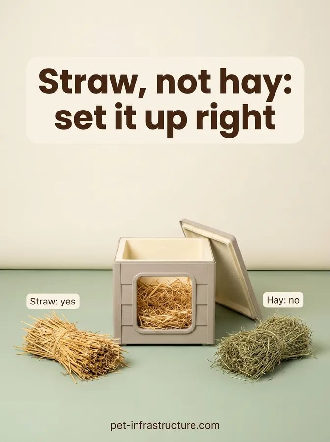 Small insulated cat shelter with its lid off, filled with straw, next to a bundle of straw labeled yes and a bundle of hay labeled no.
