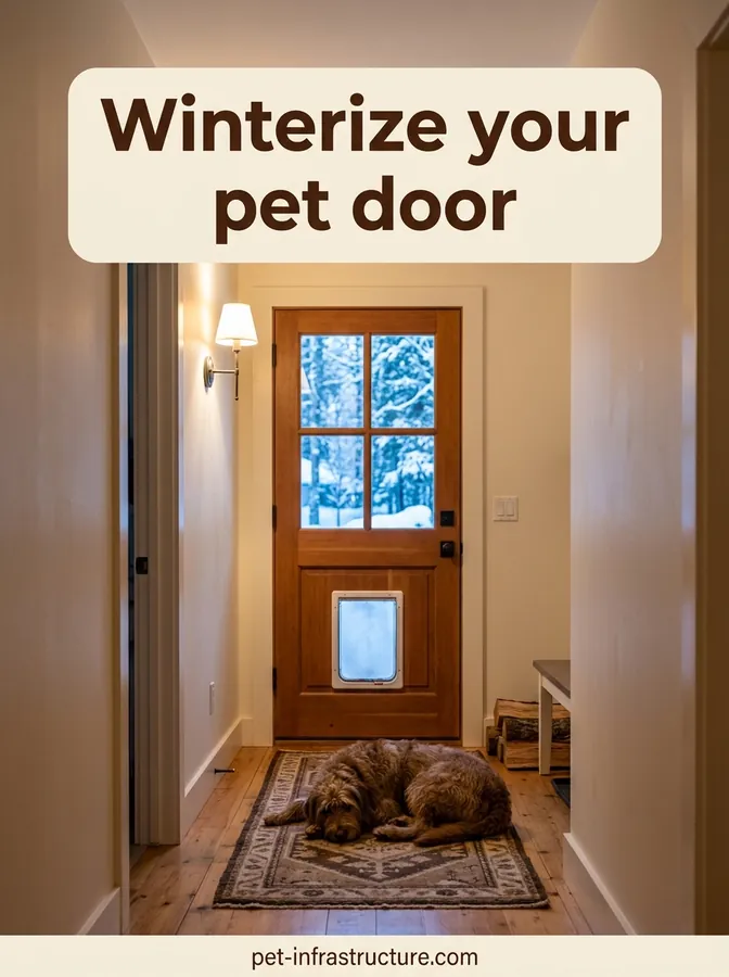 Warm hallway in winter with a dog sleeping on a rug near a back door fitted with a dog door, snow visible outside.