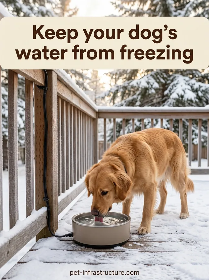Golden retriever drinking from a heated water bowl on a snowy deck, with the cord routed along the railing.
