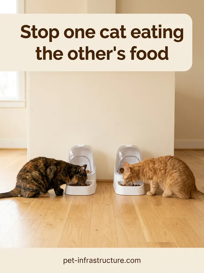 Two cats each eating from their own covered feeder placed against a kitchen wall.