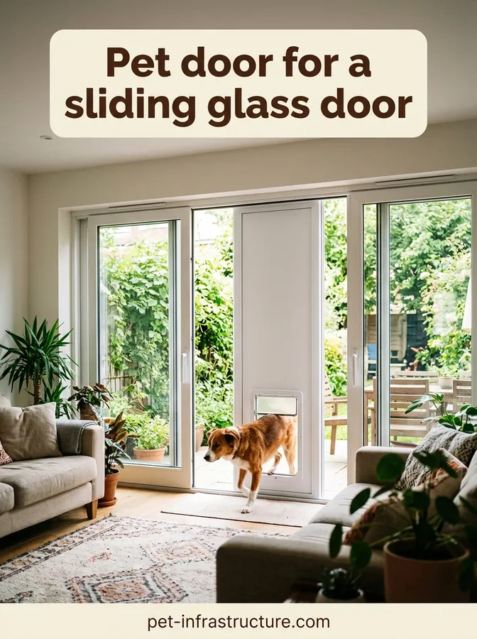 Dog stepping through a pet door built into a white panel insert in a sliding glass patio door.