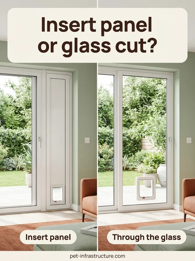 Split image of a sliding glass door with a separate insert panel holding a pet flap, and a sliding door with a pet flap built into the glass.