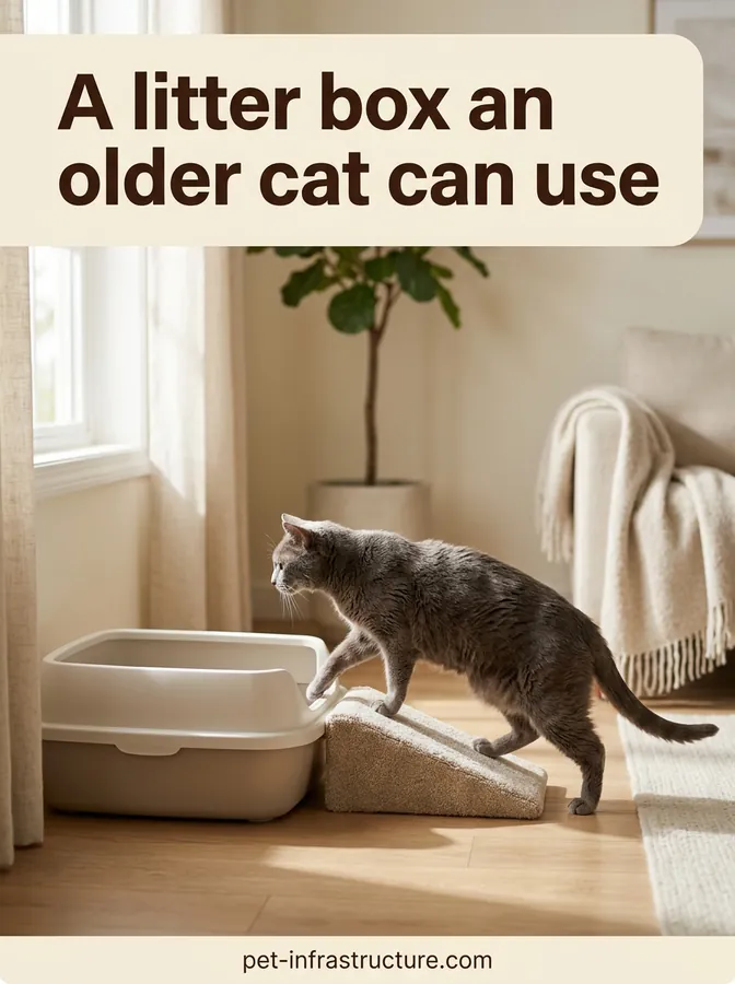 Older grey cat stepping up a small carpeted ramp into a low litter box in a calm living room.