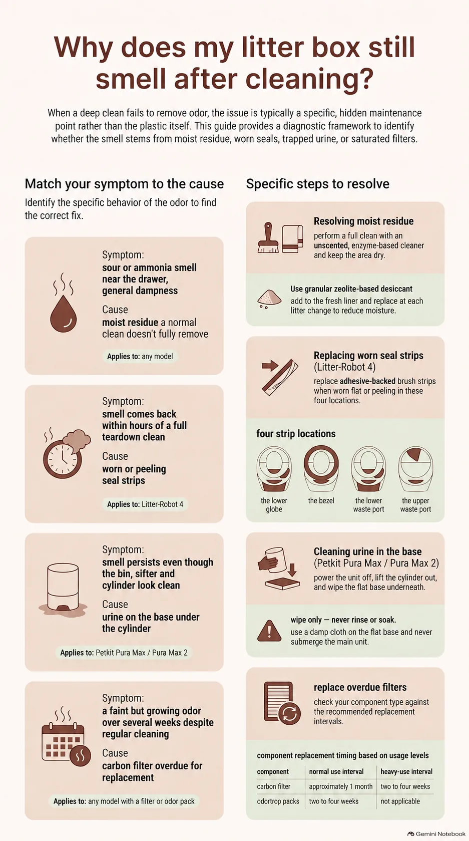Odor diagnostic guide infographic: match your symptom to the cause (moist residue on any model, worn seal strips on the Litter-Robot 4, urine on the base under the cylinder on PETKIT Pura Max and Pura Max 2, or an overdue carbon filter on any model with a filter or odor pack), plus the specific steps to resolve each cause, including the four seal strip locations and the carbon filter and OdorTrap replacement intervals.
